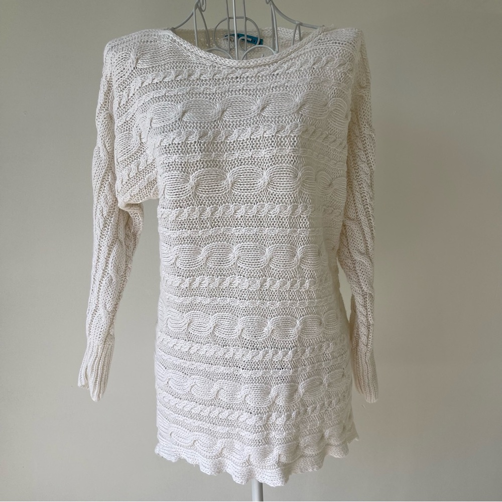Alice + Olivia horizontal cable knit 100% linen high low sweater scoop neck SZ S